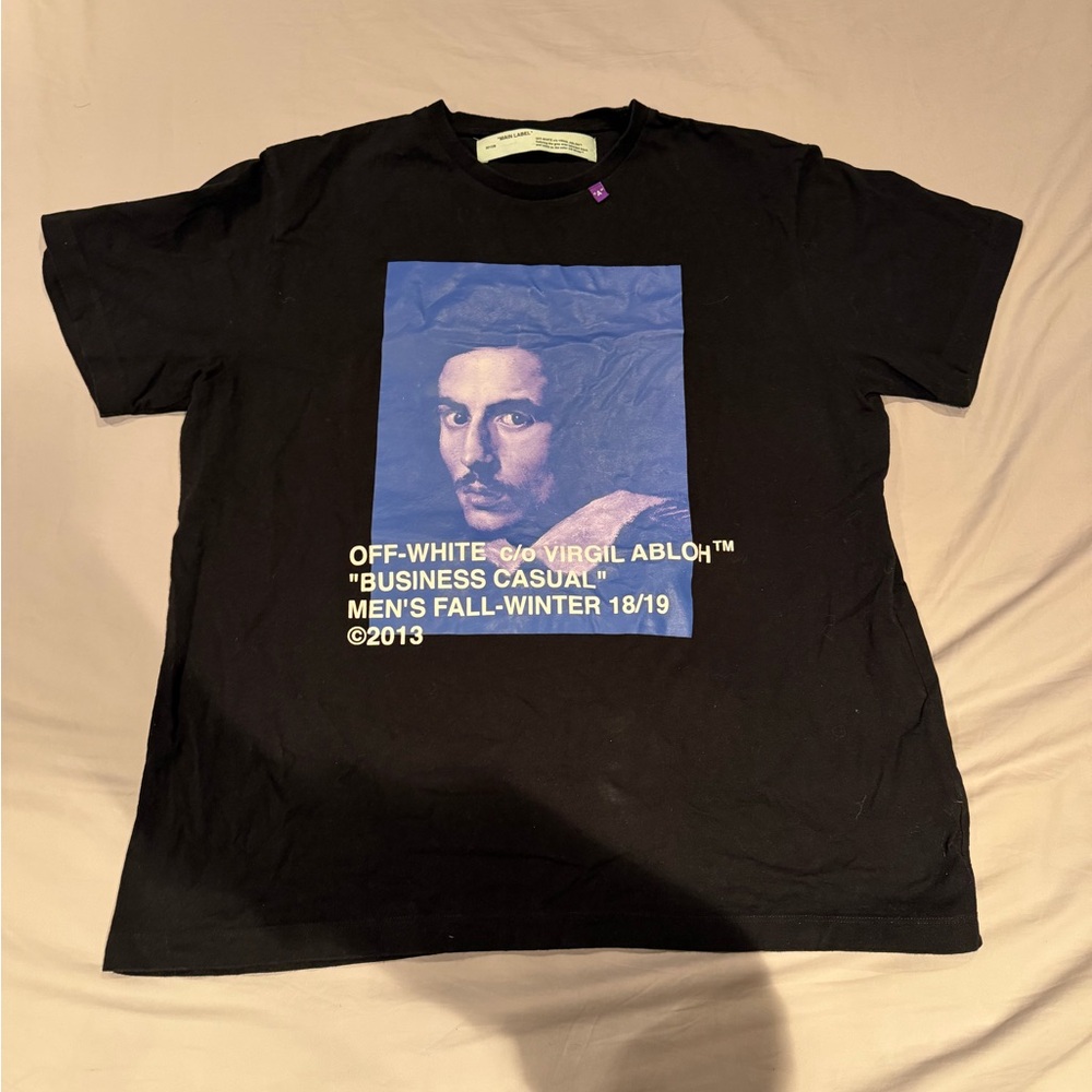 Off-White Black T-Shirt with Blue Renaissance Print and White Text